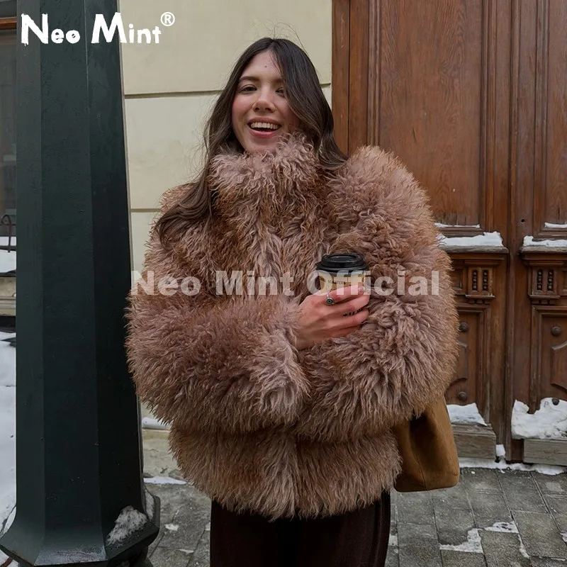 Neo Mint Exclusive Design Women Brown Gradient Mongolia Sheep Fur Jacket Coat Chic Street Fashion Girls Furry Outerwear Overcoat
