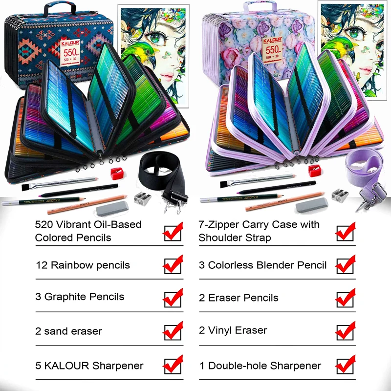 

KALOUR All-in-One Colored Pencils 550pc Set in Shoulder Bag Oil Based Artists Soft Core Complete Drawing/Coloring/Sketching Kit