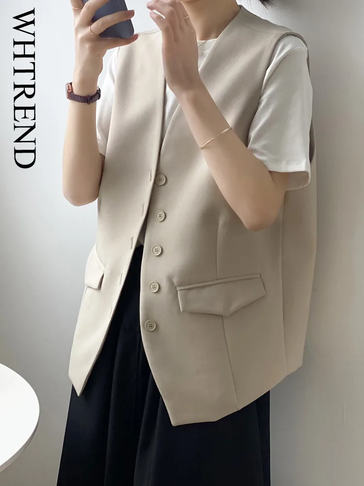 

WHTREND Elegant Suit Vest For Women Autumn New Korean Style Loose Sleeveless Single-Breasted Jacket Coat WH1182