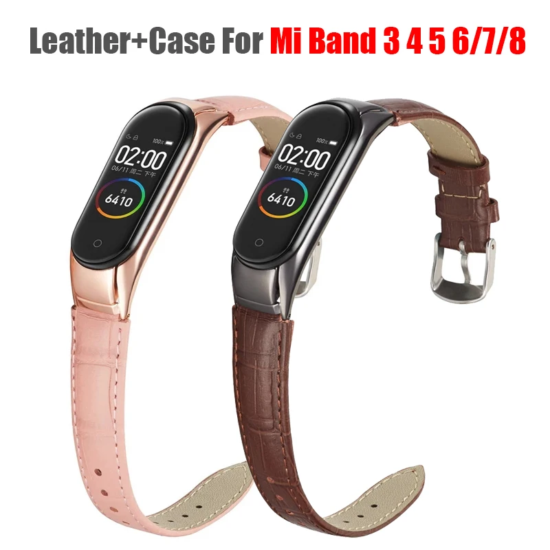 ソフトレザーストラップ+ステンレススチール保護ケース Xiaomi Mi Band 8 7 6 5 4 3、Xiaomi Smart Band 3 4 5 6 7 8 ループに対応