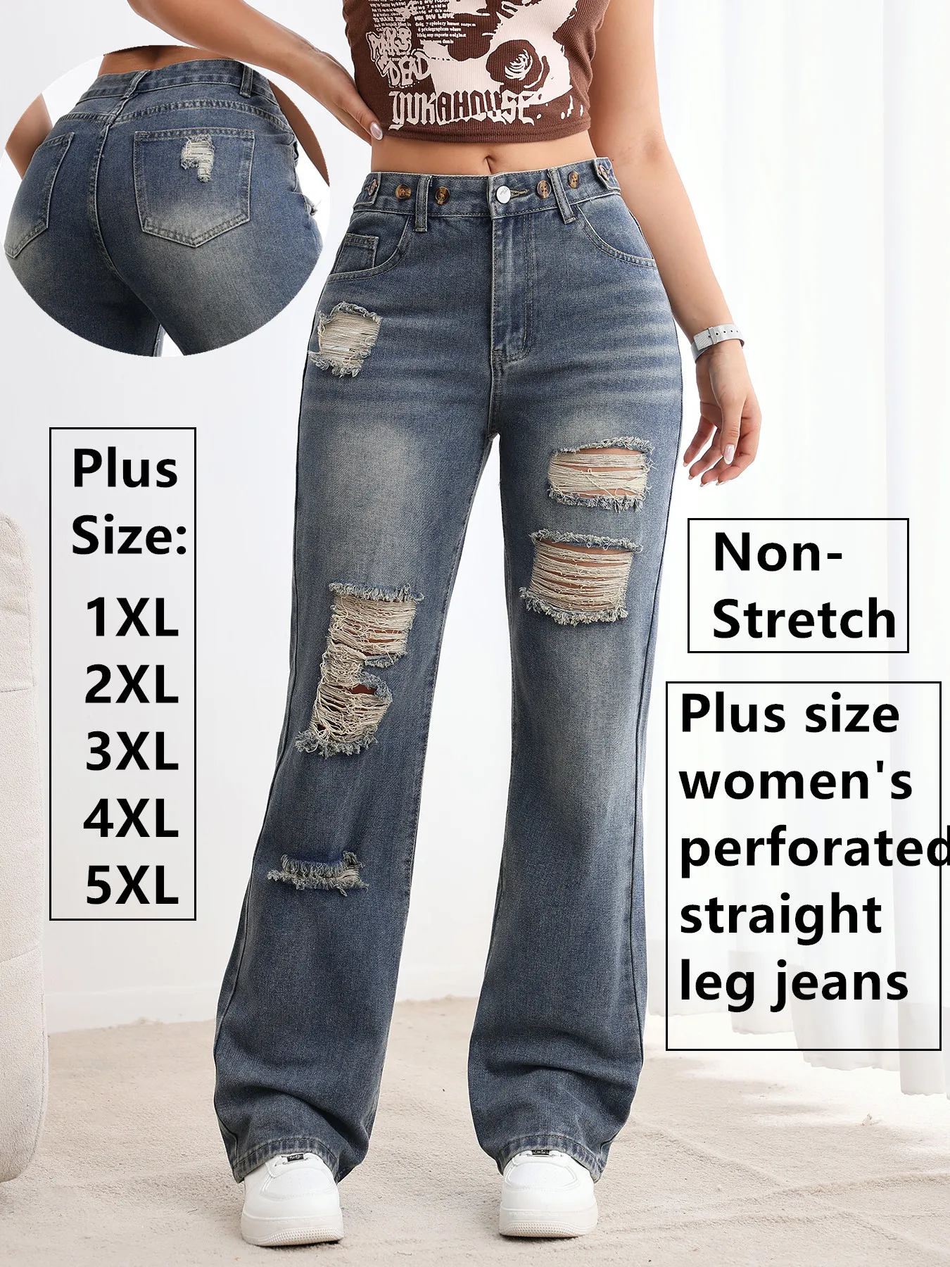 

Женские джинсы Y2k Джинсы Мешковатые джинсы больших размеров с регулируемой талией Потертые джинсовые брюки с прямыми штанинами для женщин Повседневная одежда