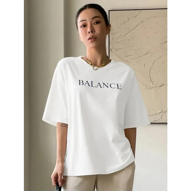 Balance Letter Printed Casual T-Shirts Women Summer Loose Oversize Short Sleeve Fashion Retro Street T-shirt Cotton Soft Tee