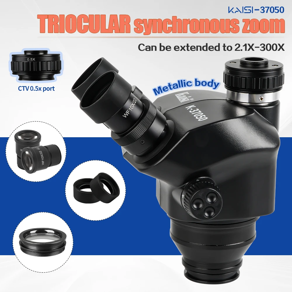 Cabeza de Microscopio Trinocular Kaisi 7-50X con Zoom Continuo Simul Focal, Cuerpo de Microscopio Estéreo para Laboratorio, Reparación de PCB de Teléfonos, Herramientas de Soldadura