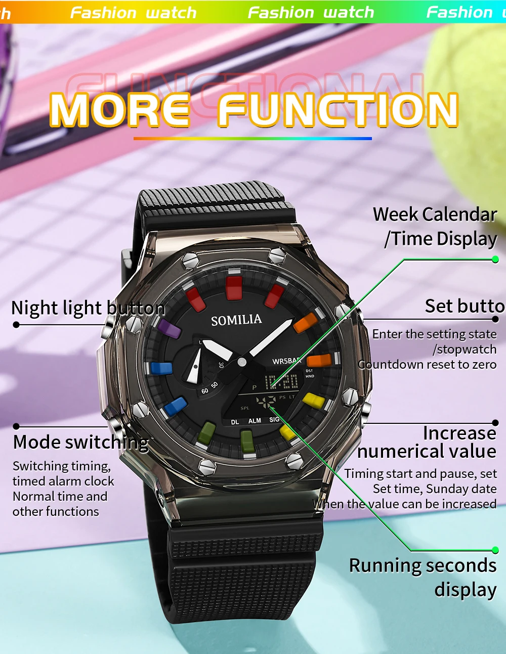 SOMILIA-S3341 Montre électronique étanche pour homme, chronomètre à compte à rebours numérique, lumière LED, style