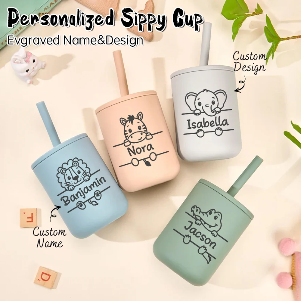 1pc Personalized Engraved Silicone Sippy Cup Custom Cartoon Animal Name Toddler Straw Training Cup, Baby Shower Gift