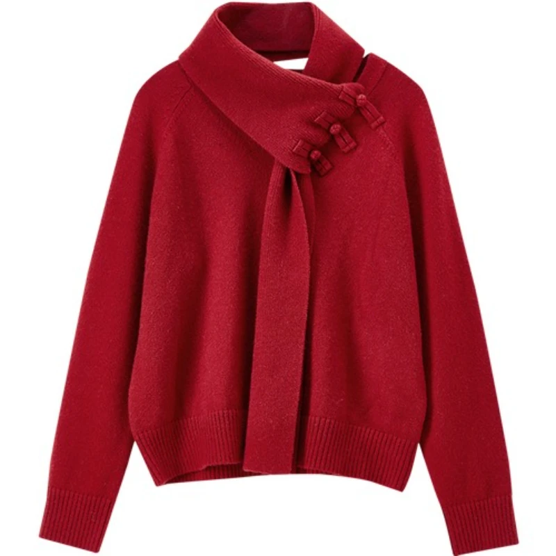 SENTUBILA Pullover lavorato a maglia da donna 2025 Autunno Stile cinese Sciarpa staccabile Colletto maglione Allentato Top a maniche lunghe W53EG3490