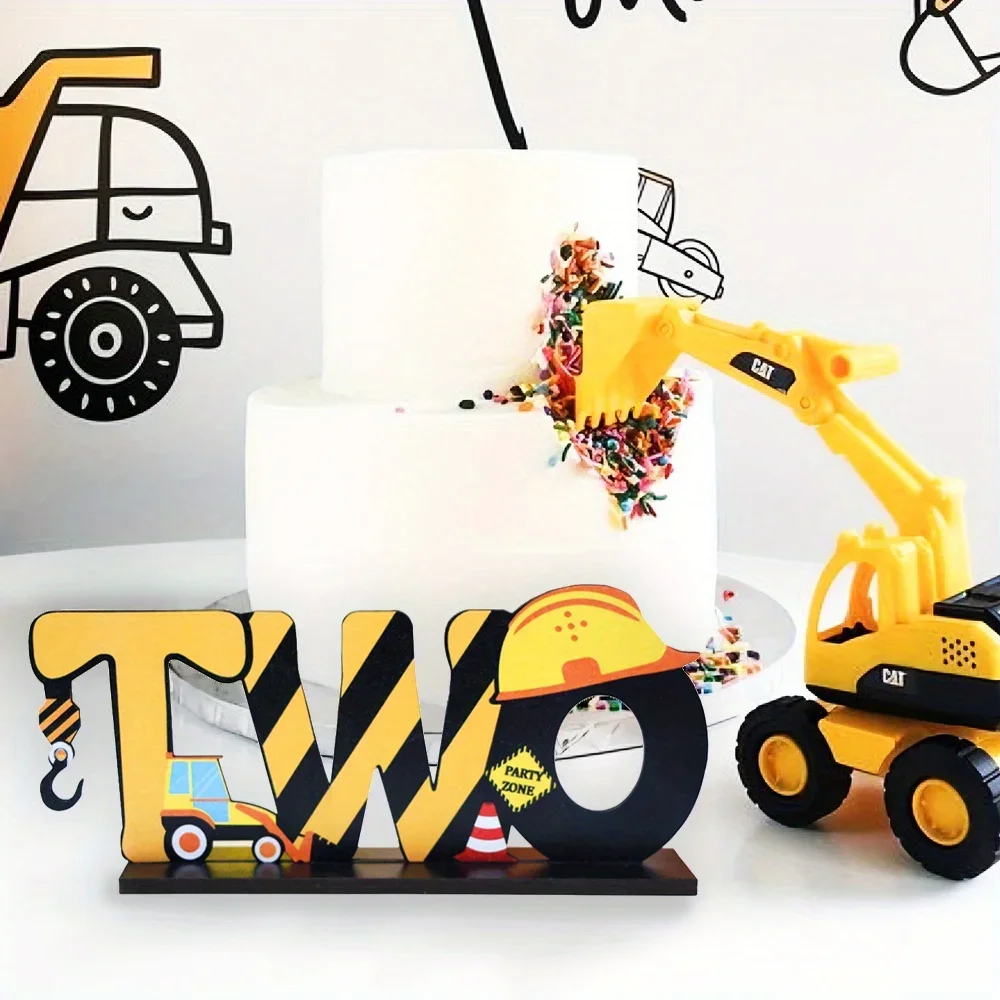 1 Set Zwei Jahre Geburtstag Baufahrzeug-Dekoration Buchstaben-Schild Tischdekoration Geburtstagsparty-Zubehör Foto-Requisiten