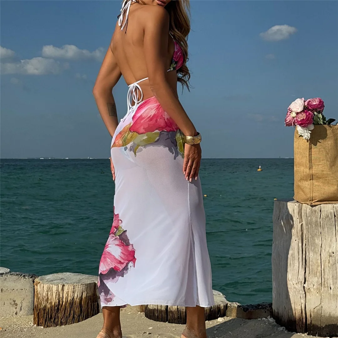 Blumenmuster mit Rock, Neckholder-Bikini, Damen-Badebekleidung, dreiteiliges Bikini-Set, Damen-Badeanzug, Badebekleidung, Badeanzug, Schwimmkleidung V6637 – Detail 24