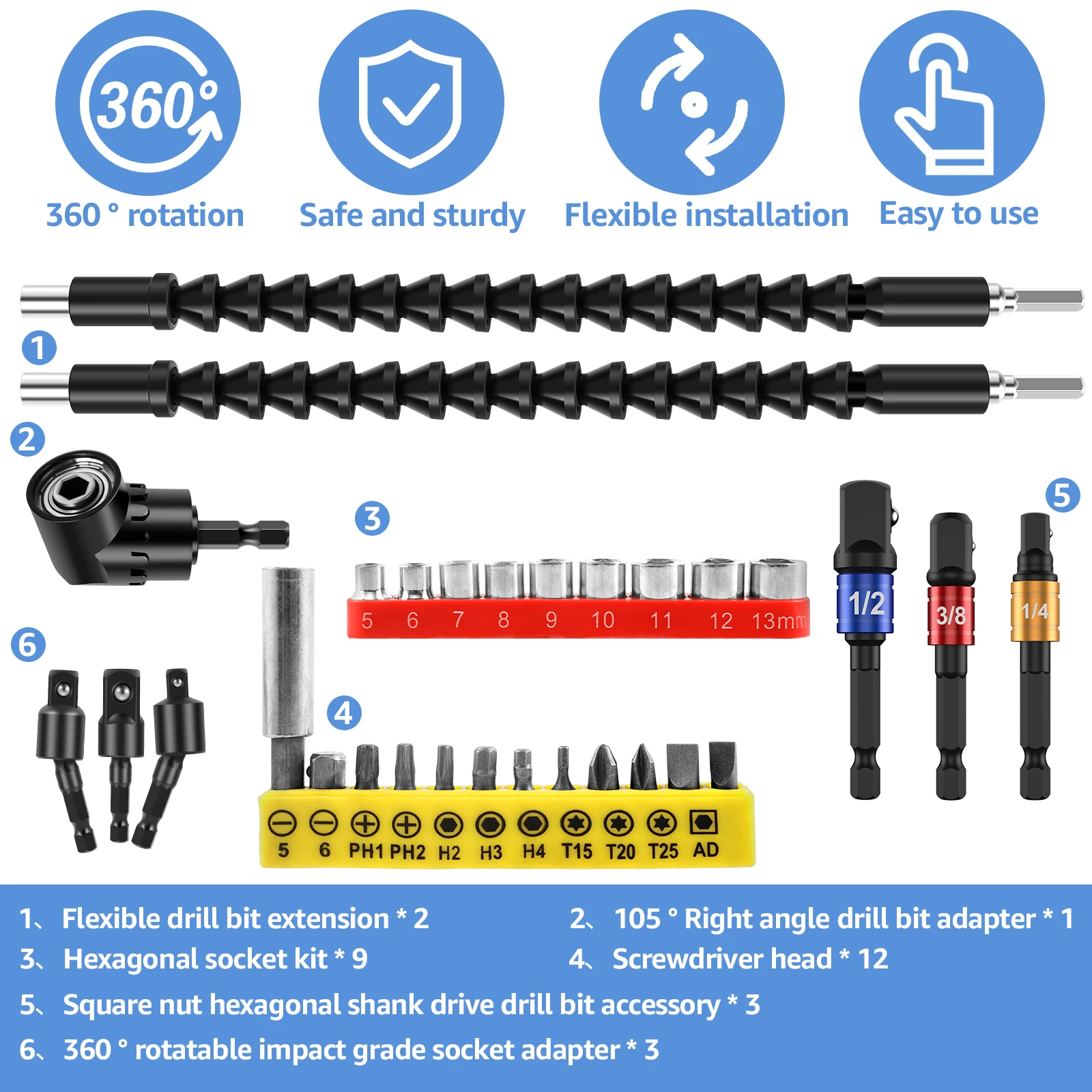 Kit di estensione punta da trapano flessibile da 30 pezzi Kit di cacciaviti ad albero morbido a sgancio rapido con 12 punte per cacciavite 9 prese esagonali