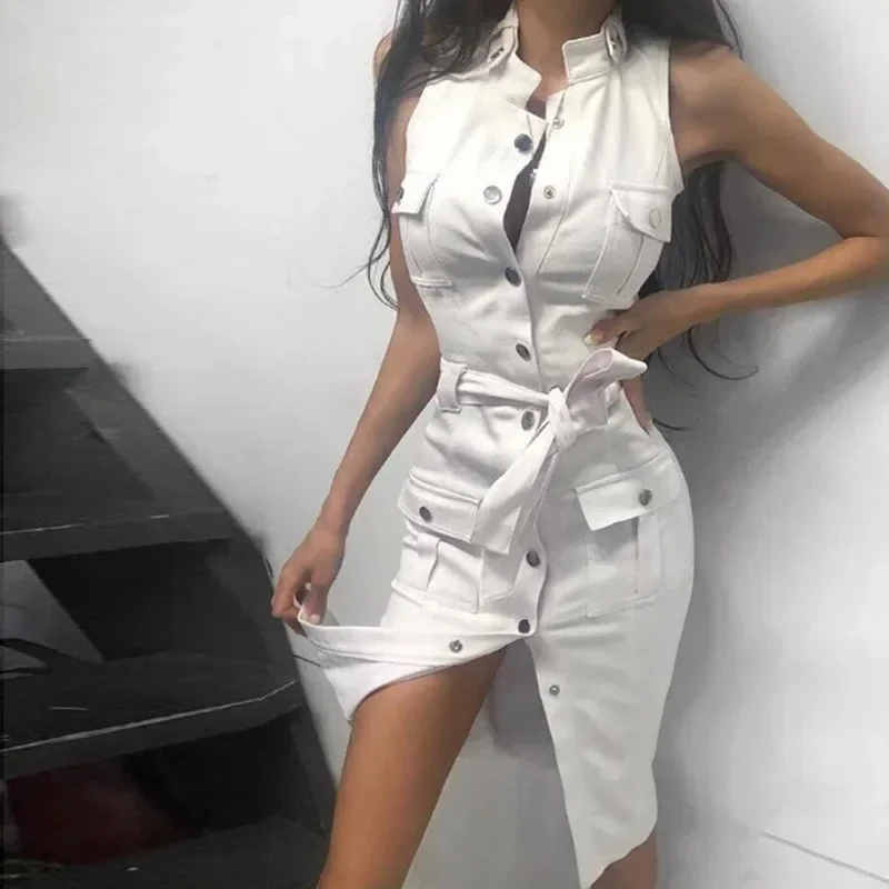 

2024 New Fashion Streetwear Dress Women Sleeveless Stand Collar Pocket Button Up Dress with Sashes Runway White/black Dress