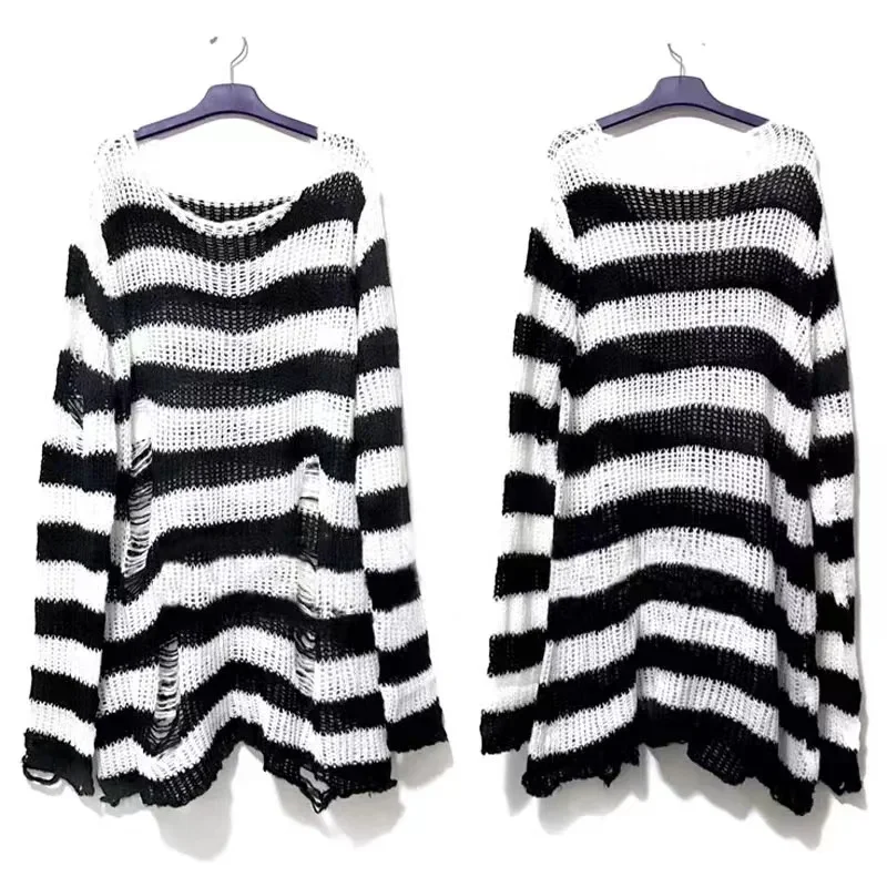 Long Sweater Long Sleeve Pullovers Autumn Winter Hollow Out Cool Hole Broken Streetwear Punk Gothic Knitted Striped Unisex Tops