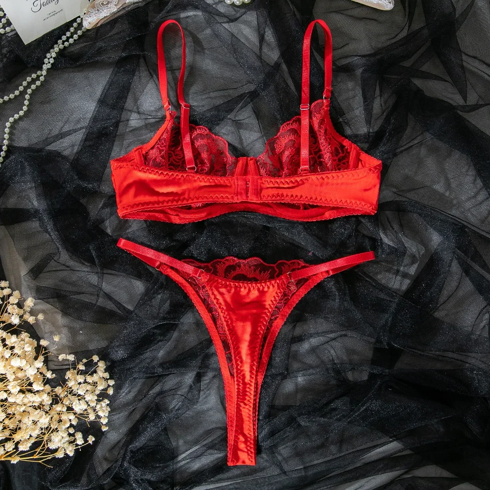 Embroidery Lingerie Set Women 2-Piece Bra + Panty Underwear Set Red Valentine's Day Intimates