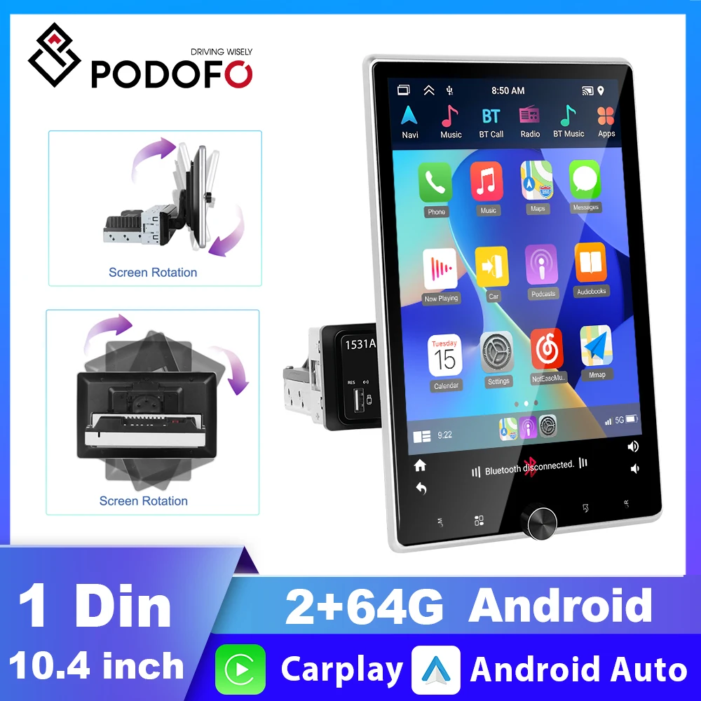 Podofo 1 Din Car Stereo Radio 10.4\'\' HD Manual Rotate Screen Car Multimedia Player Bluetooth FM Radio mirror Link with carplay