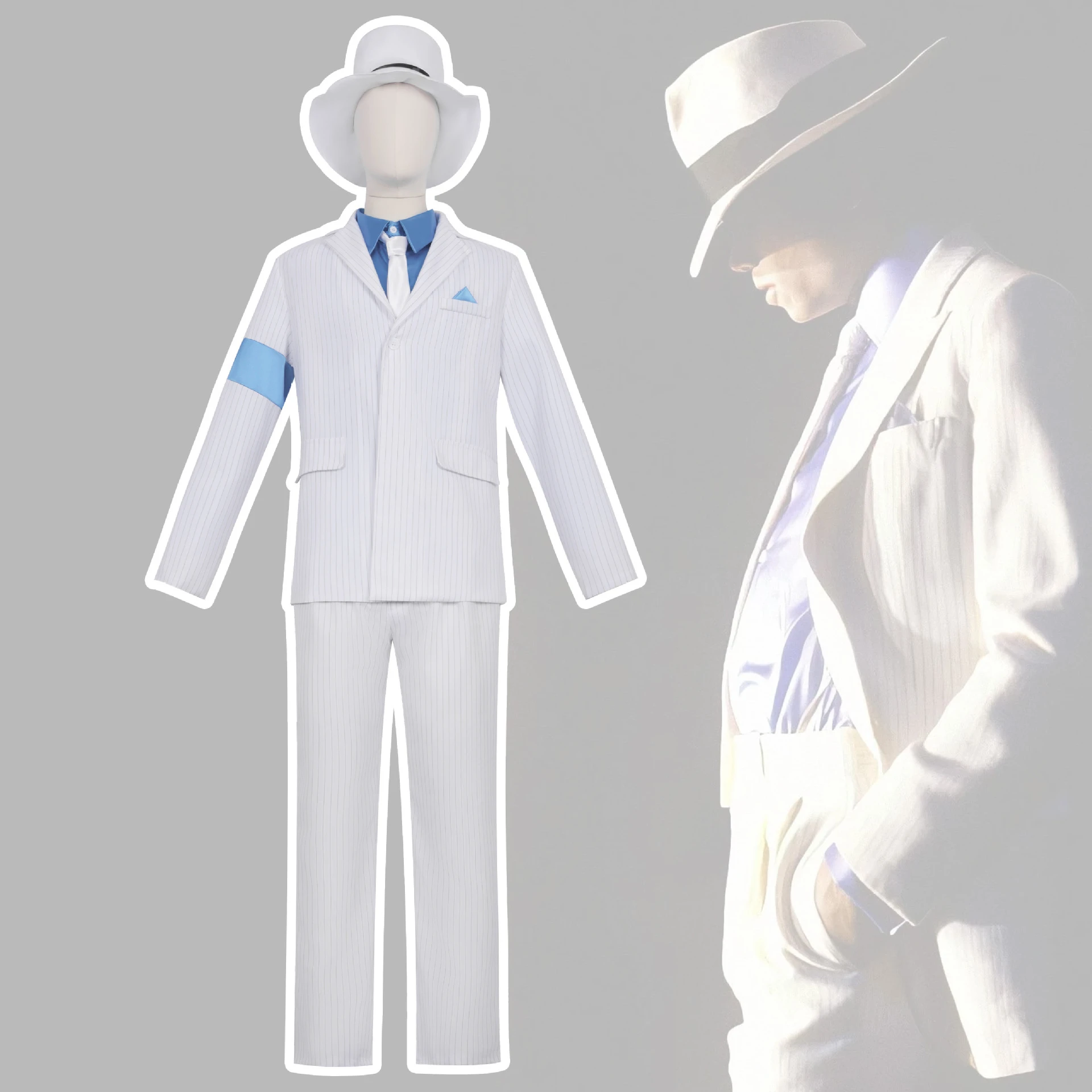 Image of Michael Jackson Cosplay Kostüm MJ BAD Smooth Criminal Bühnenanzug Weißer Streifenanzug Hosen-Hut-Set Unisex Halloween Karneval