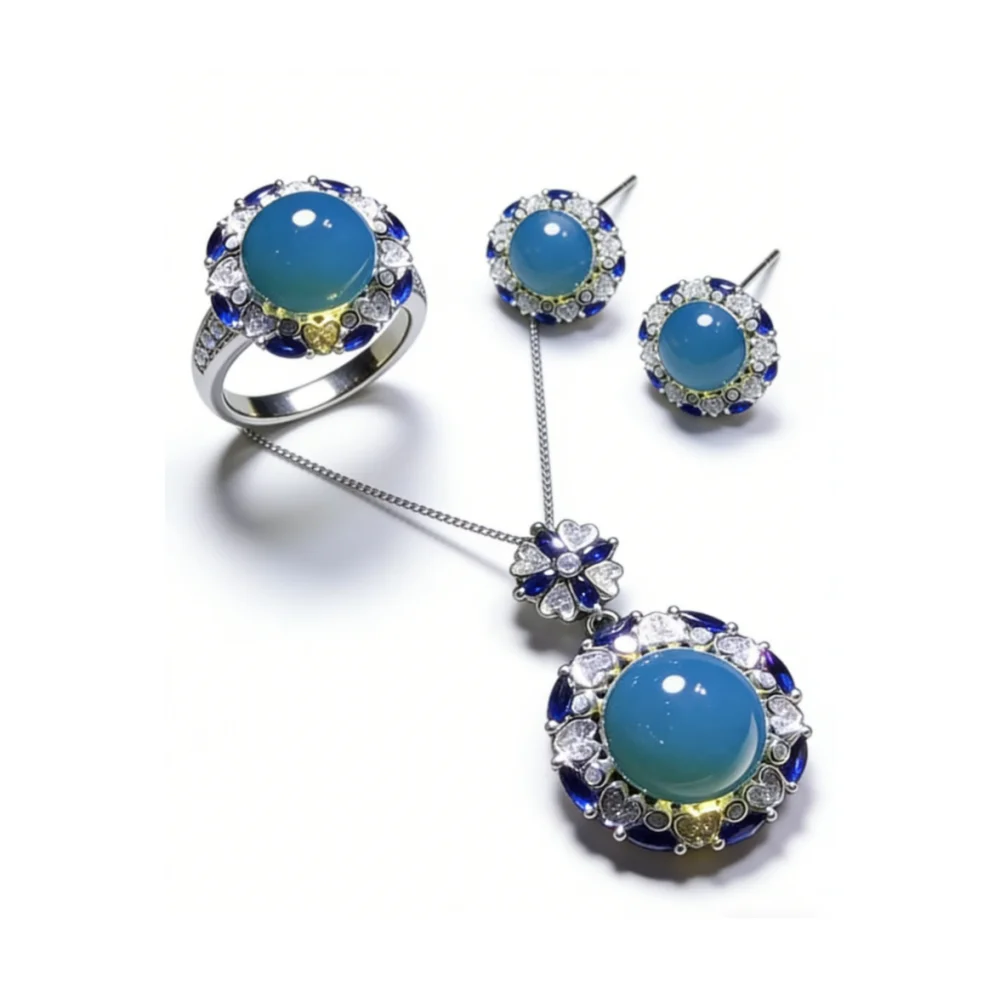 

Mexican Blue Amber Jewelry Set Sterling Silver Necklace Earrings Ring Cluster Setting Party Wedding Gift 10mm 13mm 14mm