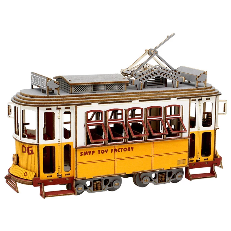Tram 3D Wooden Puzzle Streetcar Station Retro Car Bus DIY Sailing Ship Airplane Model Jigsaw Assembly Toy For Children Kids Gift