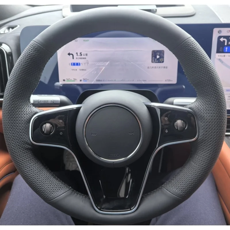 

Custom Hand-stitched Black Anti-slip Comfy Breathable Genuine Leather Breathab Car Steering Wheel Cover For Huawei AITO M9 2024