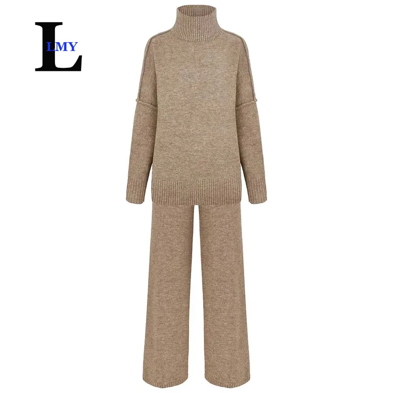 LMY 2025 autumn winter turtleneck sweater set women\'s loose casual lazy thickened knitted trousers suit