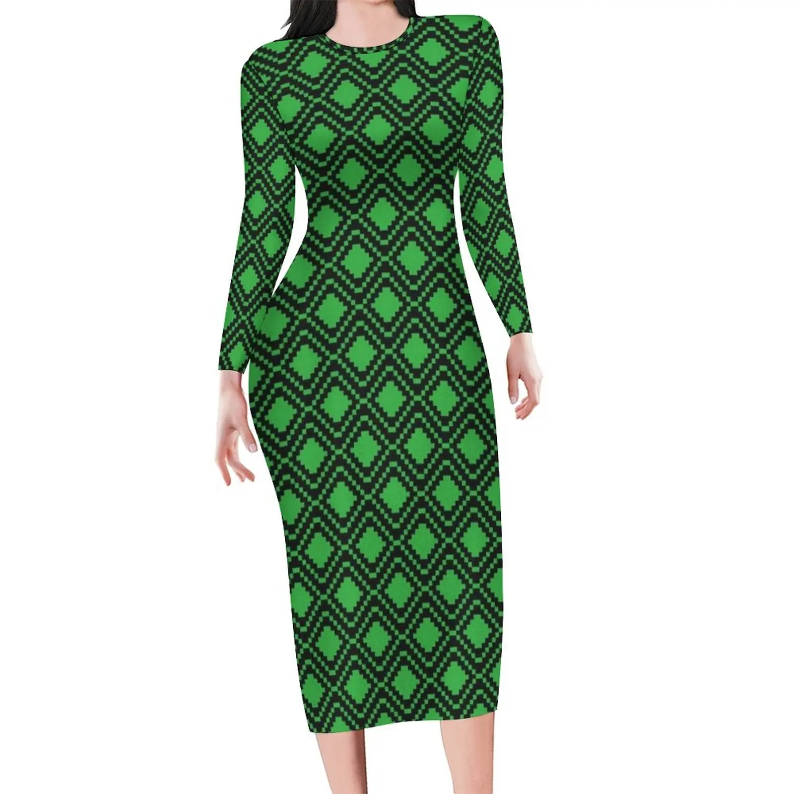 Green Nordic Lines Dress Long Sleeve Retro Pixel Art Modern Dresses Spring Female Street Wear Custom Bodycon Dress 3XL 4XL 5XL