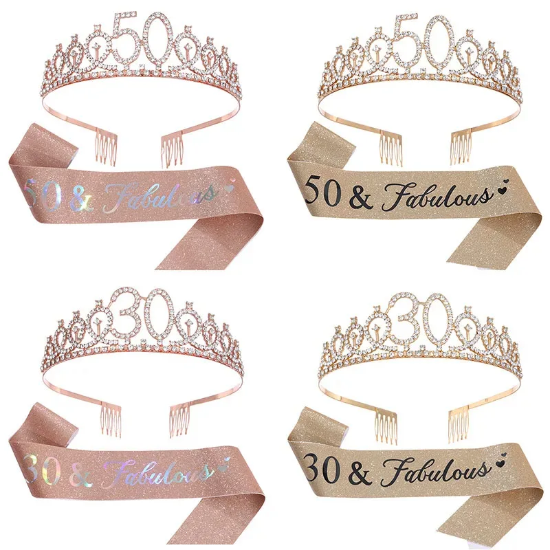 2pcs/Set Birthday Party Crown Sash 18 21 30 40 50 Crystal Crown Tiara Printing Etiquette Belt Decoration Suit Party Supplies