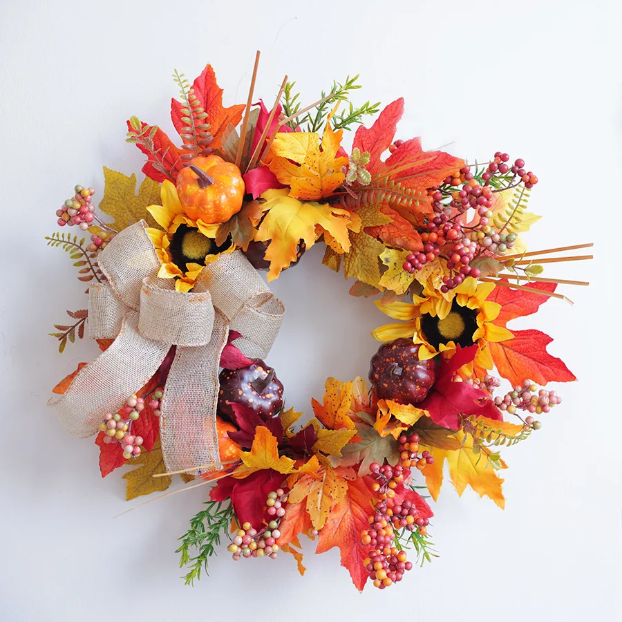 

Трансграничный венок из тыквы, бант ручной работы, осенний урожай, кольцо от солнца на День благодарения, венок с подсолнухом, осень
