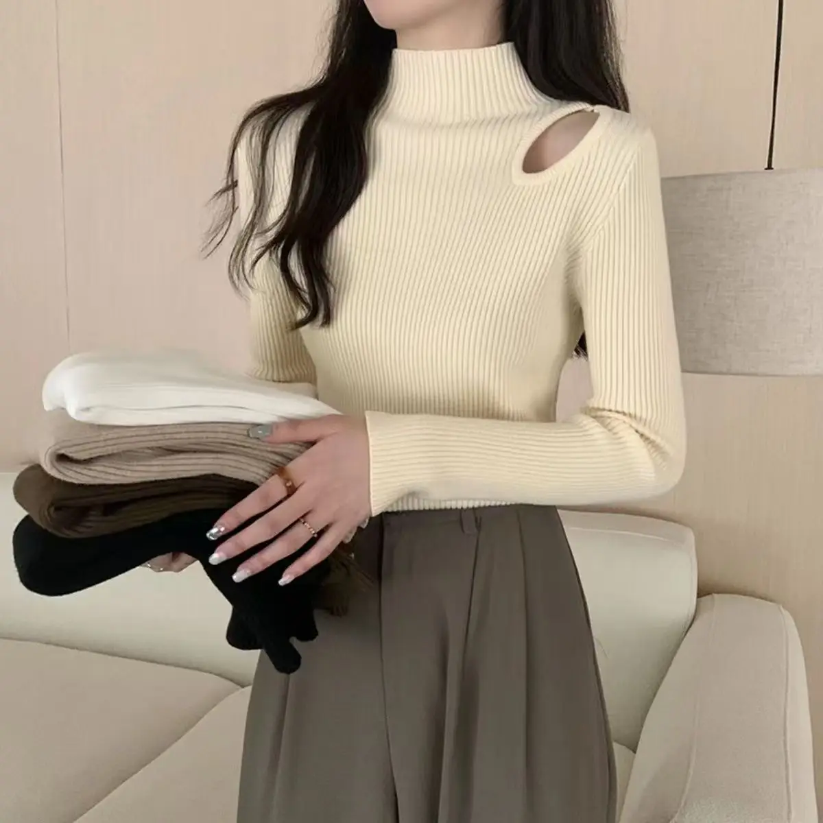 Thiened f High Collar Sweater Women's Base irt oulder Exposure Hollow Design Autumn Winter New Sle Faionable Top