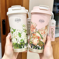 5D Printing Flower Stainless Steel Thermos Mug Portable Dual-Drink Coffee Mug Car Large-Capacity Straw Water Gift Cup