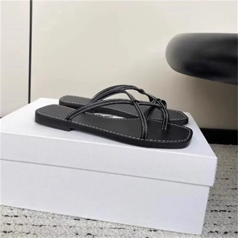 

Flip-flops Shoes For Women Square Toes Flat Heels Female Sandals Sewing Lines Crossover Strap Chassure Femme Solid Zapatos Mujer