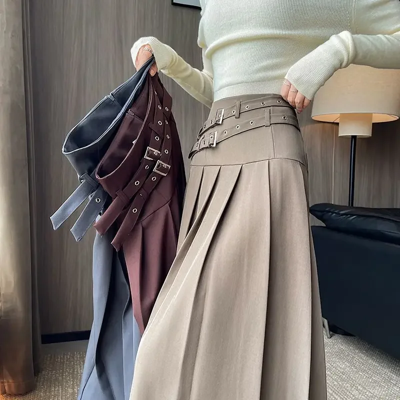 

Double waistband suit half skirt 2024 autumn new high waisted mid A-line umbrella long pleated long skirt