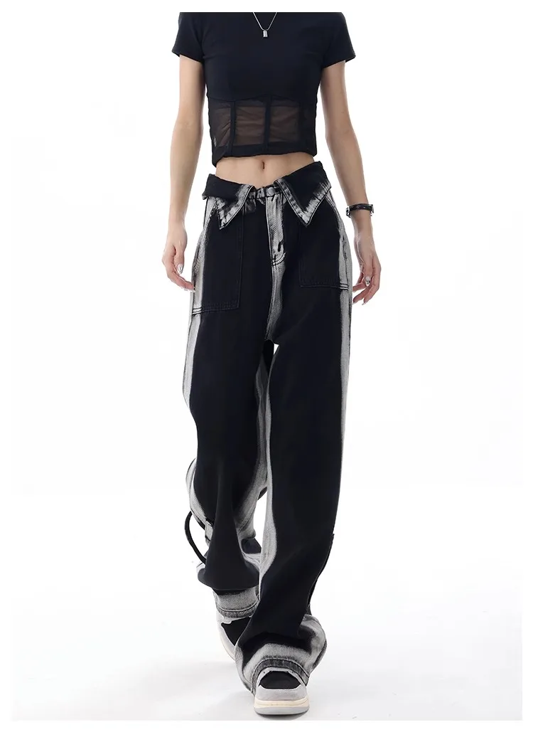 Vintage Wash High Waist High Street Style Black Straight Jeans Pants American Retro Women's Wide Leg Baggy Y2K Denim Trouser