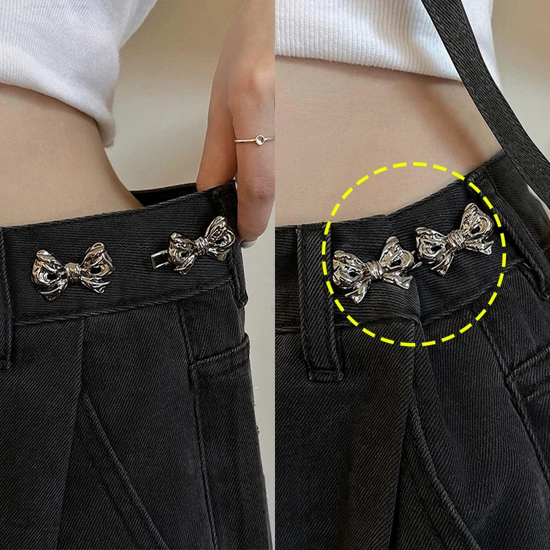 Metal Bowknot Button Reusable Bowknot Snap Fastener Pants Pin Adjustable Sewing-on Reduce Waist Brooches Bow Tie Jewelry