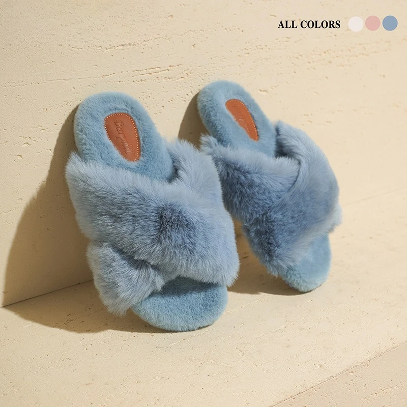 

New Women's Furry Cotton Slippers Autumn Winter Cross Straps Warm Fleece Lined Anti Slip Imitation Rabbit Fur Outdoor Slippers