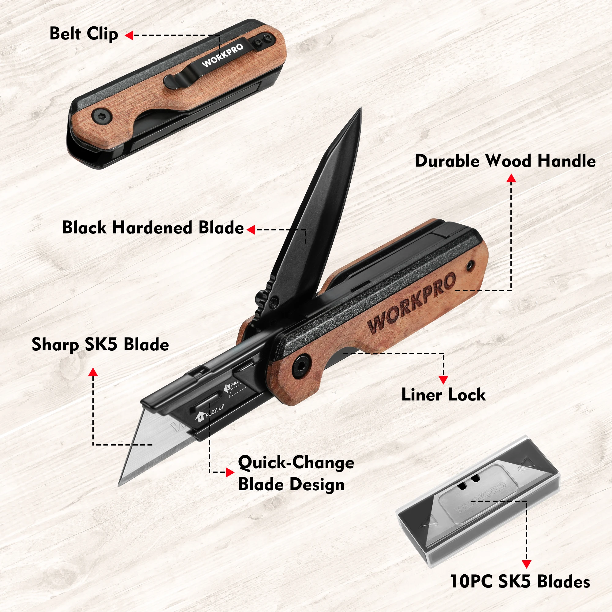 Imagem -04 - Workpro-faca Utilitária Dobrável com Cabo de Madeira Box Cutter Camping com 10 Lâminas Substituíveis