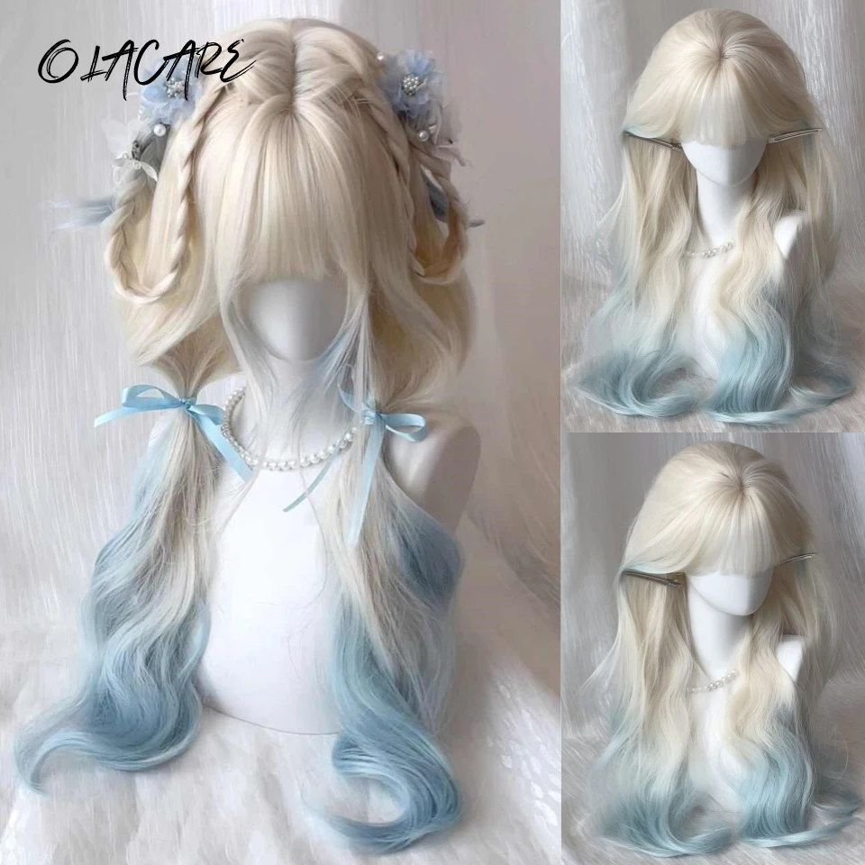 

Synthetic Water Curly Wave Wigs Air Bangs Hair Platinum Blonde Blue Heat-Resistant Natural And Smoot Daily Wear For Women