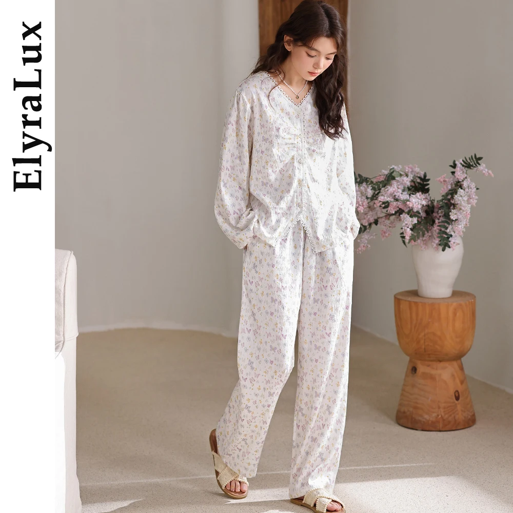 

ElyraLux Women’s Floral Pajama Set Long Sleeve Top and Pants, Soft Cotton Sleepwear with Lace V-Neck, Cozy Loungewear for Home