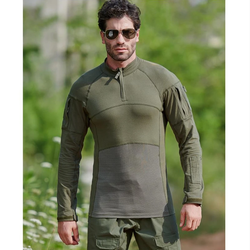 Mens Hiking Combat Sets Breathable Camo Patchwork T-shirt+Multi Pocket Wear-resistant Cargo Pants Suit Tactics Training Uniform