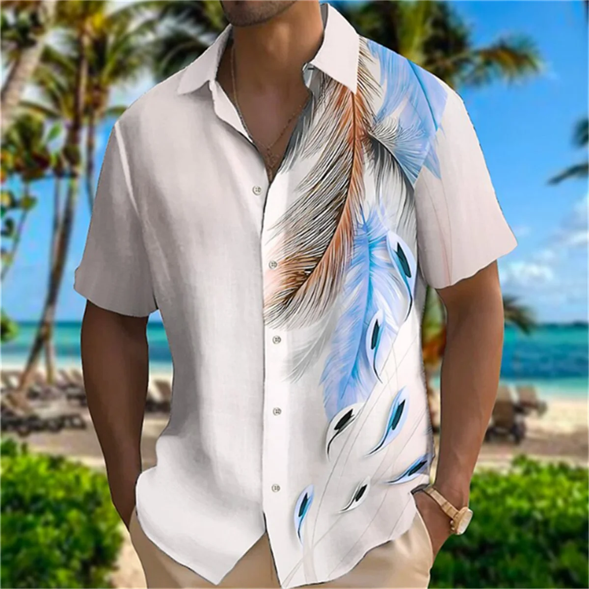 Simple Feather Print Shirt for Men, Breathable, Casual, Fashionable, Loose Short Sleeved Shirt