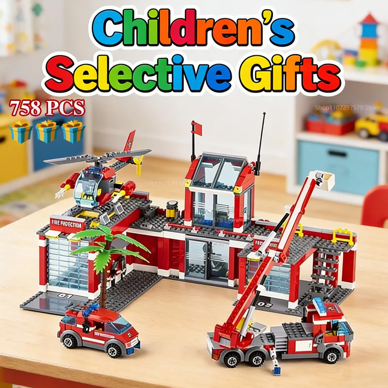 Latest City Fire Station 758PCS Building Blocks Set Fire Truck Helicopter Firefighter Rescue Toys Educational DIY Gifts For Kids