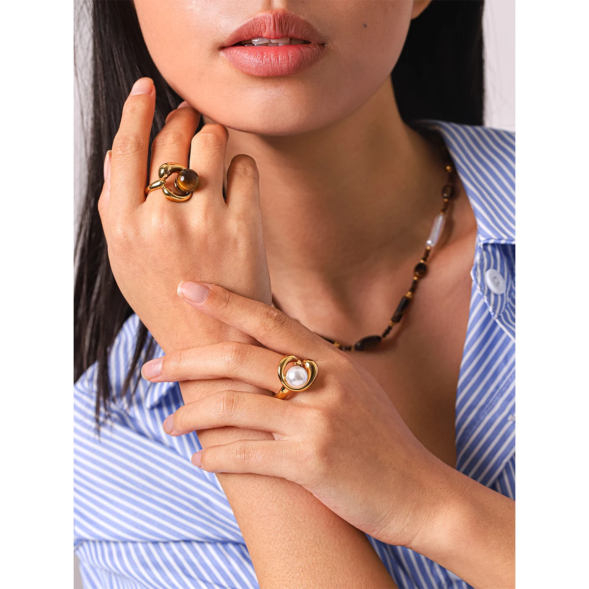 

Chunky Tiger Eye Pearl Ring 18K Gold Plated Stainless Steel Waterproof Hypoallergenic Vintage French Jewelry For Women