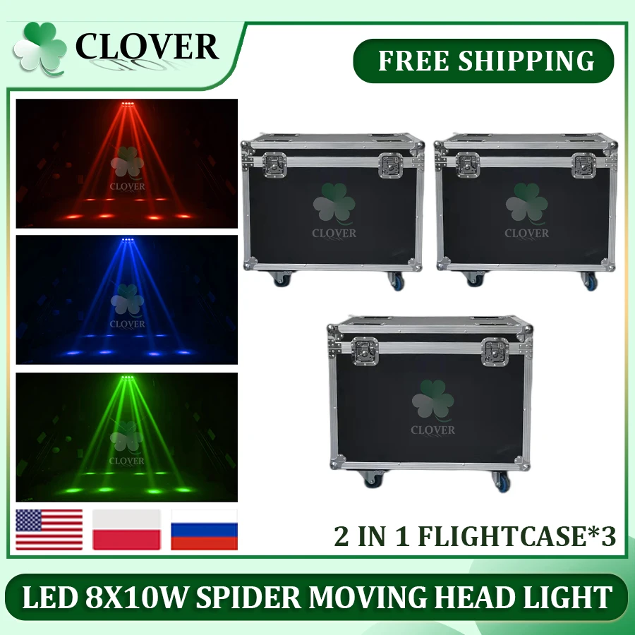 RGBW LED Spider Light Moving Head, DMX Beam, 3 casos de voo para Party Event Show, Iluminação DJ, 8x10W