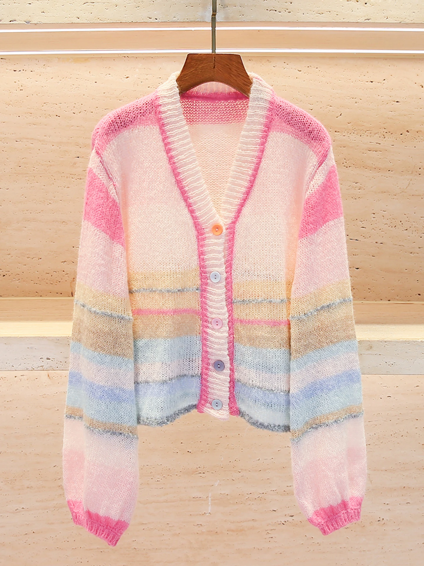 

Sweet V-Neck Striped Knitted Open Cardigan Top for Women High-End Summer New Arrival Comfortable Breathable Regular Fit Long ...