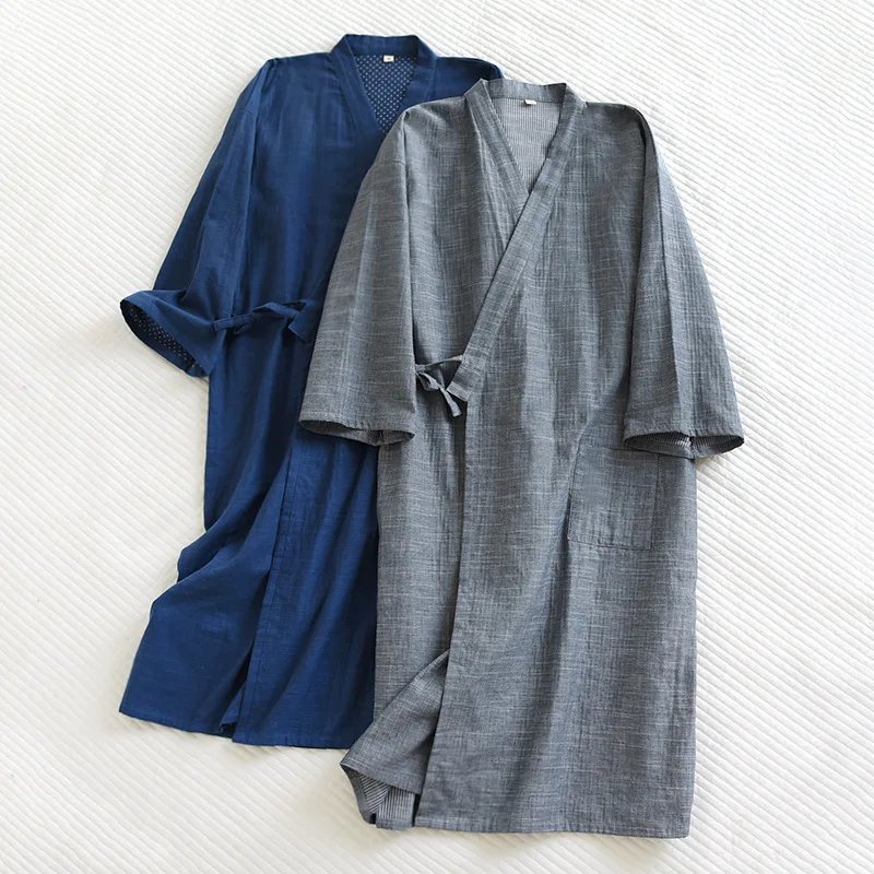 Japanese Kimono Nightgown Men\'s Light and Breathable Spring Autumn Men Long Kimono Pajamas Loose Robe for Men Oversized Bathrobe