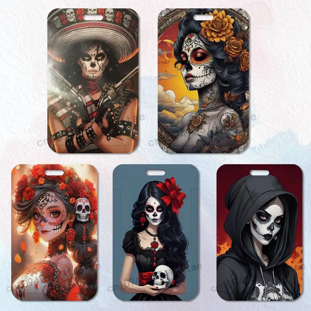 

Catrina Skull Girl Mexican Badge Holder Pass Bus Work Card Cover Chest Pocket Students Card Holder Small Gift