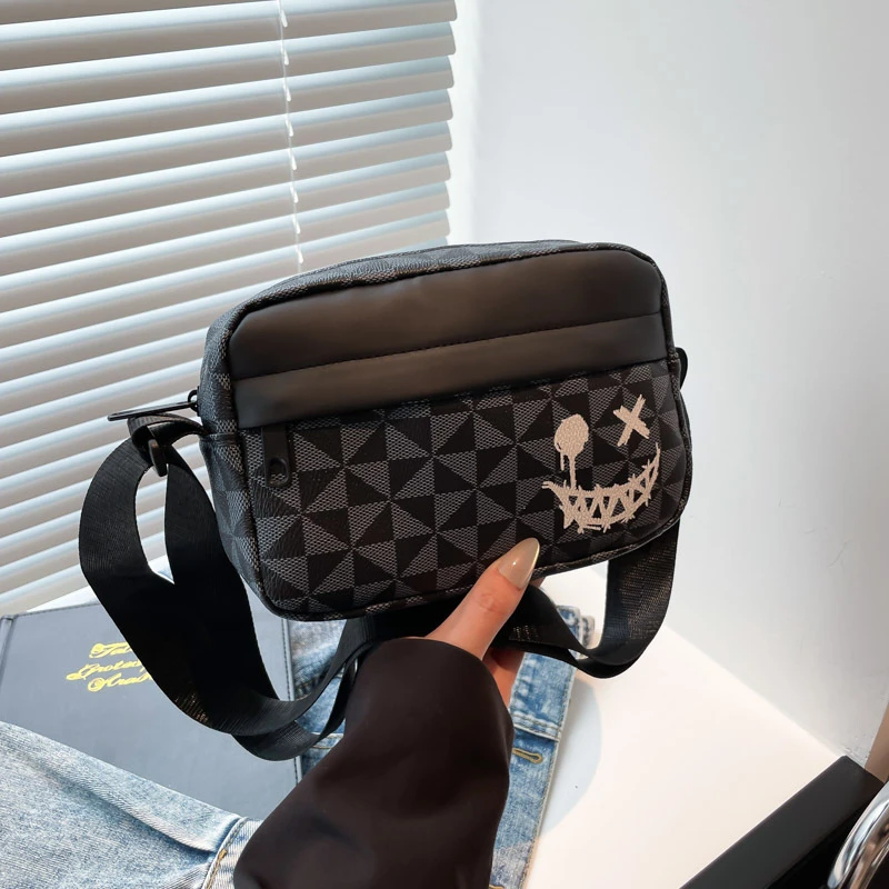 Men Women Crossbody Bag Streetwear Smile printed pattern Camera Bag Geometric Pattern PU Leather Casual Daily Shoulder Sling Bag