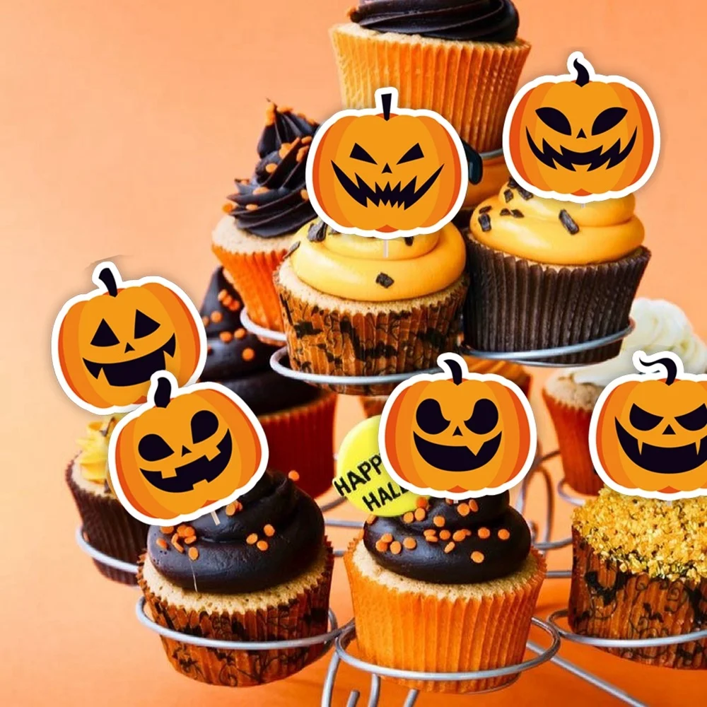 Topper per torte di Halloween da 18 pezzi Topper per Cupcake di zucca in cartone per decorazioni per torte per feste di Halloween dolcetto o