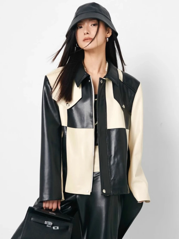 Genuine Leather Jackets for Women Spring Autumn High-end Simple Black White Contrast Design Soft Short Real Sheepskin Coat