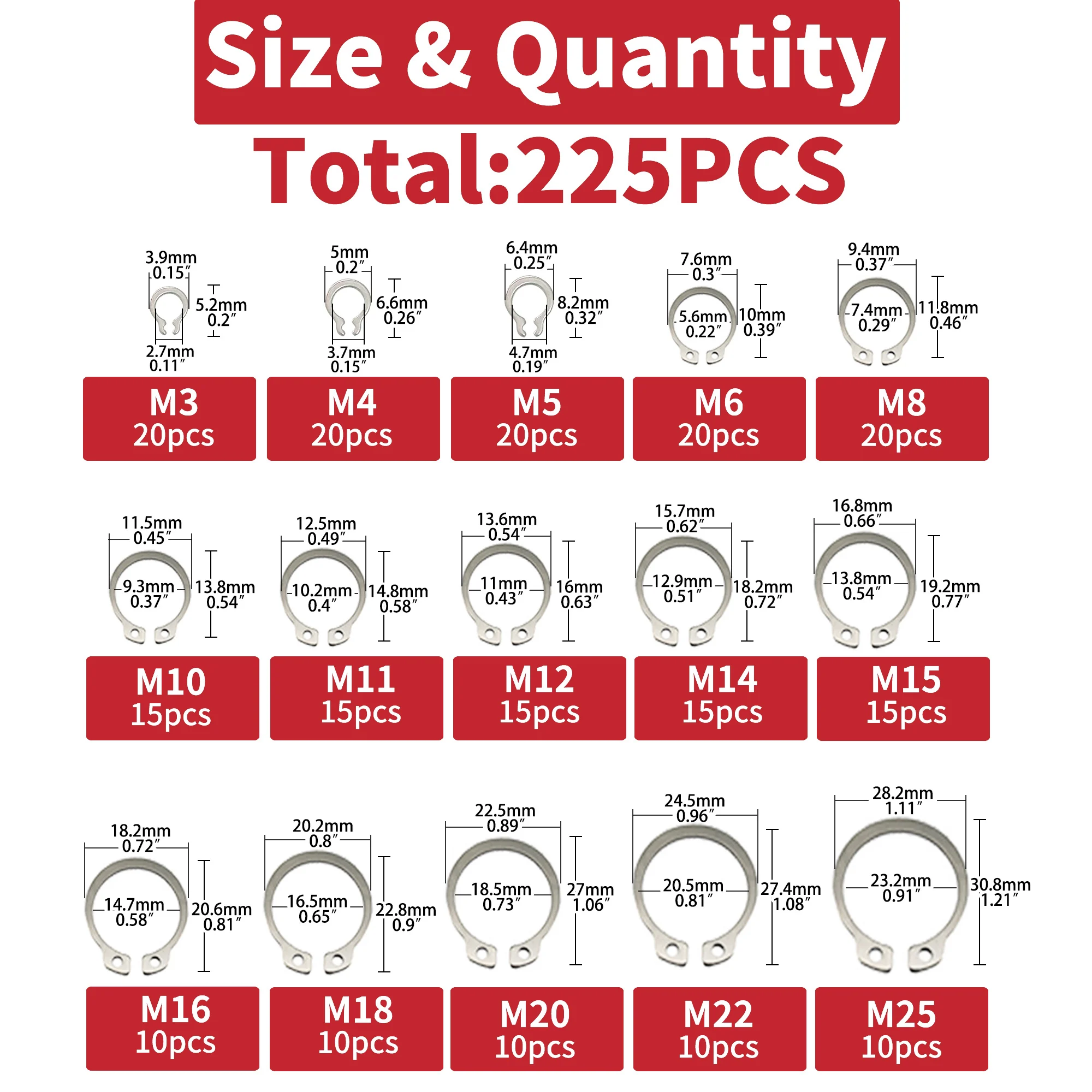 Kit assortimento di anelli a scatto per anelli di sicurezza esterni da 225 pezzi kit di assortimento di anelli elastici esterni in acciaio