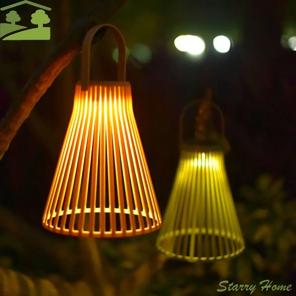 Decor Retro Solar Lamps Waterproof Hanging Bamboo Woven Lantern Handmade Decorative Rattan Chandelier Light Balcony