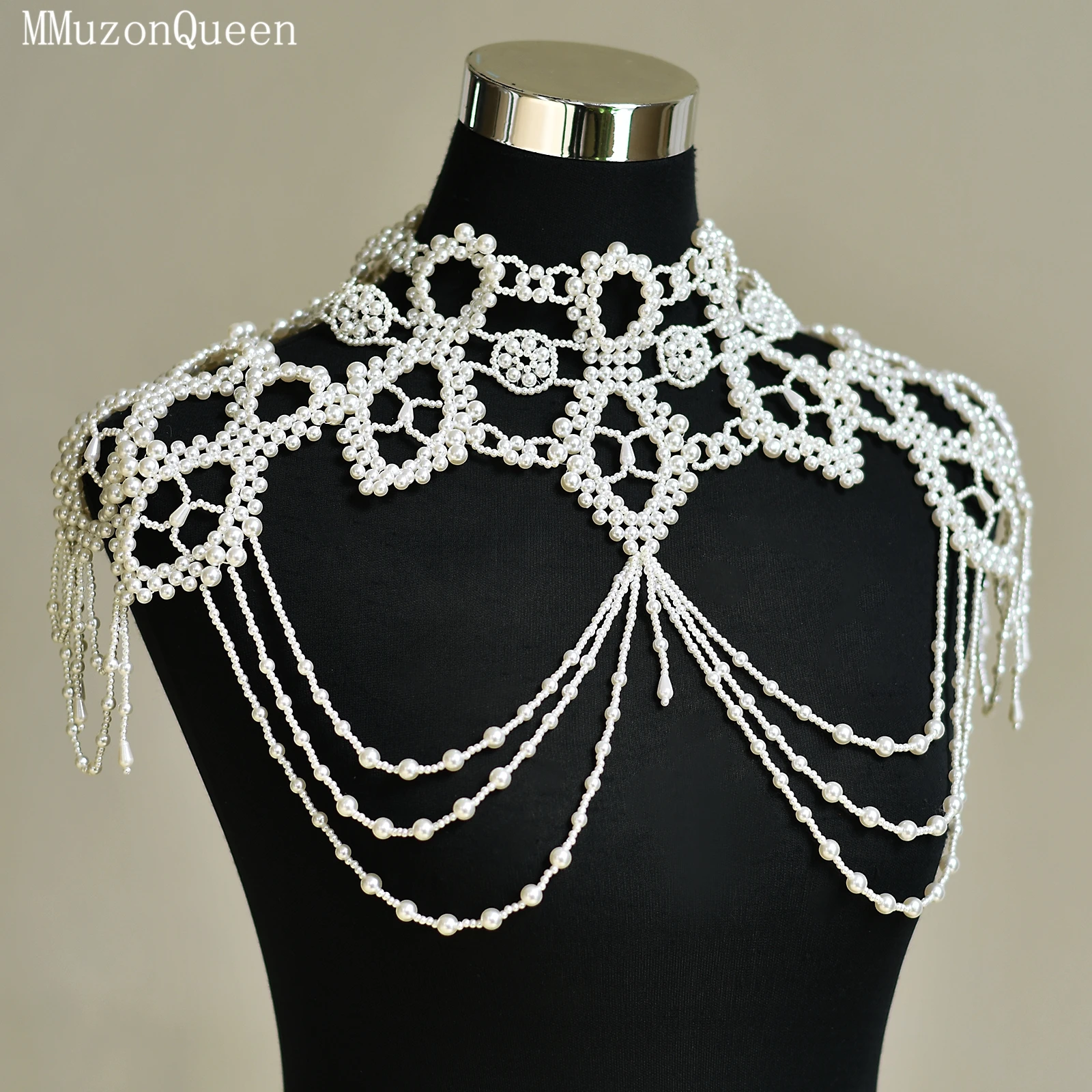 TOPQUEEN Bolero Luxury Pearl Beaded Short Top Bridal  Shawl Women'S Necklace Body Chain Customizable Vg09