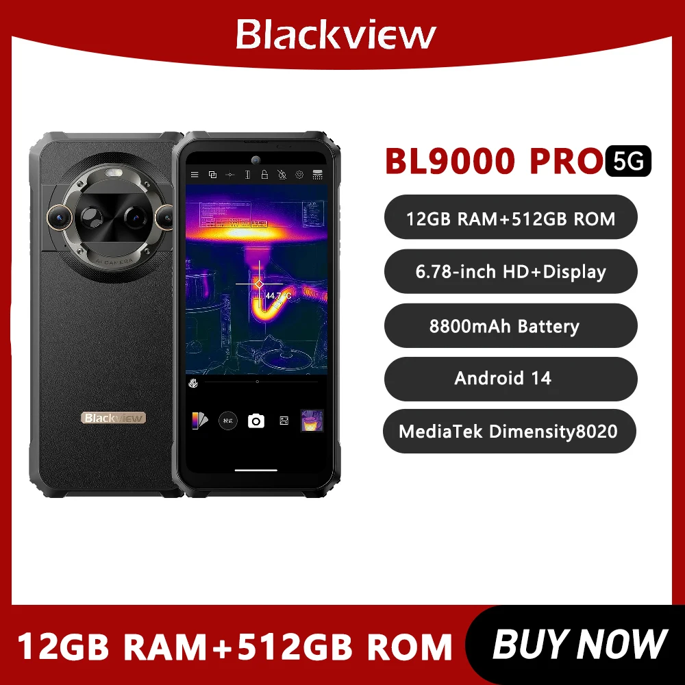 Blackview BL9000 PRO 5G Rugged Smartphone 6.78'' 2.4K 12GB 512GB Thermal Imaging Camera FLIR® 8800mAh 120W Android 14 NFC